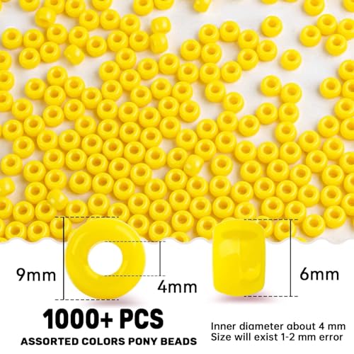 Sukh 1000+ Pcs Pony Beads - 6x9mm Lemon Yellow Pony Beads Bulk for Bracelets Necklace Hair Bead Braids Key Chain Making Plastic Bead DIY Project Crafts Ornaments Decorations