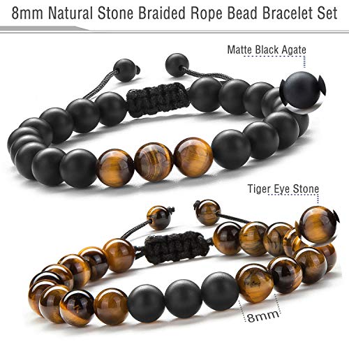 Hamoery Men Women 8mm Tiger Eye Stone Beads Bracelet Elastic Natural Stone Yoga Bracelet Bangle - color: 2 Pcs Set 1-21018