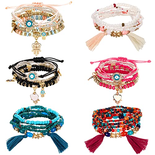 Emibele Colorful Stretch Bracelet Stack Boho Beaded Bracelet Set Heishi Surfer Bracelet Stackable Y2K Trendy Jewelry Friendship Multiple Set Women Fans - style: Colorful 6 pieces