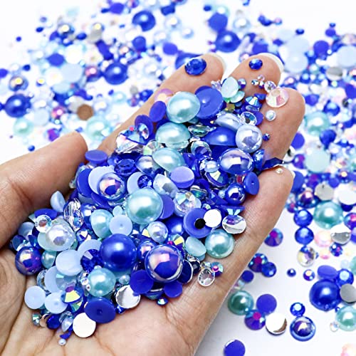 60g Mixed Pearls and Rhinestones, Flatback Rhinestones & Pearls for Crafts, Tumblers, Shoes, Nails, Face Art, 2mm-10mm Mixed Sizes, Blue|Green|White - color: Ocean Princess Blend | Mix Blue | Green | White