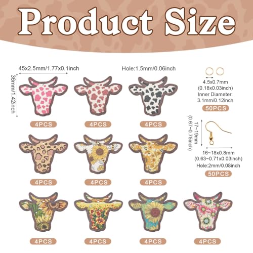 40pcs Wooden Cow Head Charms Western Style Flower Printed Ox Head Pendants & 50pcs Earring Hooks & 50pcs Jump Rings for Boho Earring DIY Jewelry Making - color: Cow Head