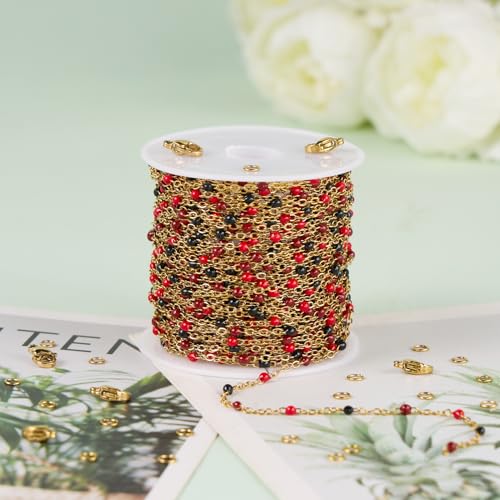 UMAOKANG 33 Feet Stainless Steel Jewelry Making Chain Black Red Enamel Beaded Cable Chains Bulk on Spool - color: Blak Red-Gold