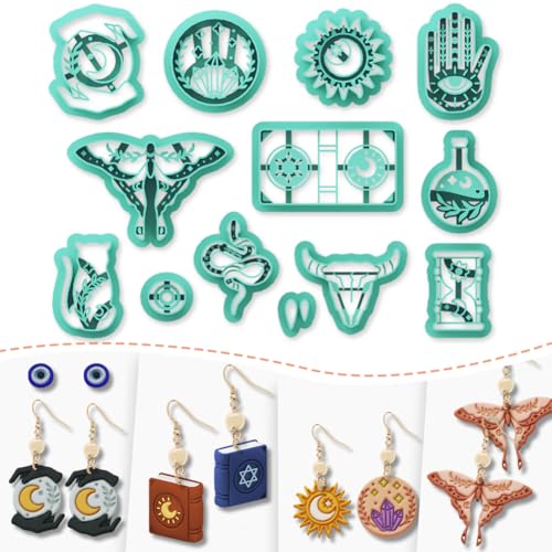 Mysterious Boho Clay Cutters - 13 Shapes Mysterious Magical Elements Polymer Clay Cutters for Jewelry, Earring Making Kit with Storage Box - style: Mysterious Bohemia theme (13 pcs)