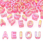 FASHEWELRY 50Pcs Vowel Letter Acrylic Beads Large Hole Alphabet A E I O U 3D Letters Iridescent Chunky Initial Big Plastic Letter Beads for Keychains Necklace DIY Arts Craft Projects Deep Pink - color: Iridescent Deep Pink, size: Vowels
