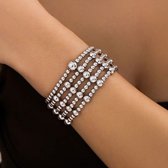 5Pcs Gold Bead Bracelets Set for Women,14K Gold Plated Stackable Bead Ball Bracelets Set,Adjustable Chunky Bangles Bracelets,Boho Stretch Bead Ball Bracelet for Women - color: Color3