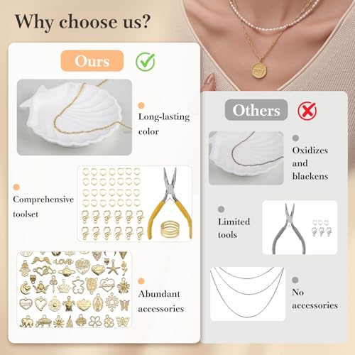 14k Gold Necklace Chain for Jewelry Making, 16.6 Feet Total (5 Rolls) DIY Bracelet Chains with 300 Jump Rings, 50 Lobster Clasps, 1 Jewelry Pliers,1 Support Ring and 50 Pendants - color: 14K Gold-16.6Feet 5 Rolls+Pendants