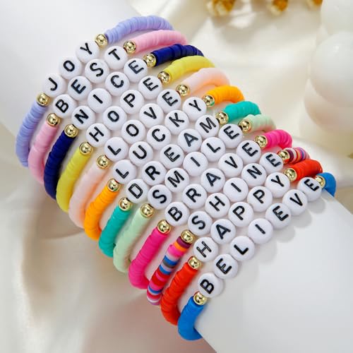 Friendship Bracelets Boho Stackable Bracelets for Women Surfer Heishi Clay Bead Bracelets Stretch Preppy Bracelets Colorful Boho Bracelets for Women - color: 12 pcs JOY