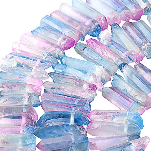 SUNYIK Pink/Blue Titanium Coated Crystal Points Quartz Rough Sticks Spikes Point Beads 15 inch Strand Drilled - color: Pink/Blue(Rough), size: 0.5"-1.6"