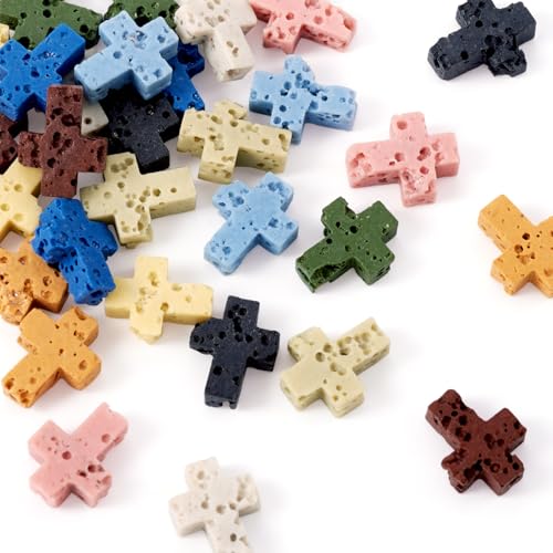 40Pcs Cross Beads for Jewelry Making Cross Lava Rock Stone Beads Small Gemstone Volcanic Lava Rock Bead Gemstone Crucifix Bracelet Charms for Women Men Bracelet Jewelry Making - color: Lava Rock-Multicolor