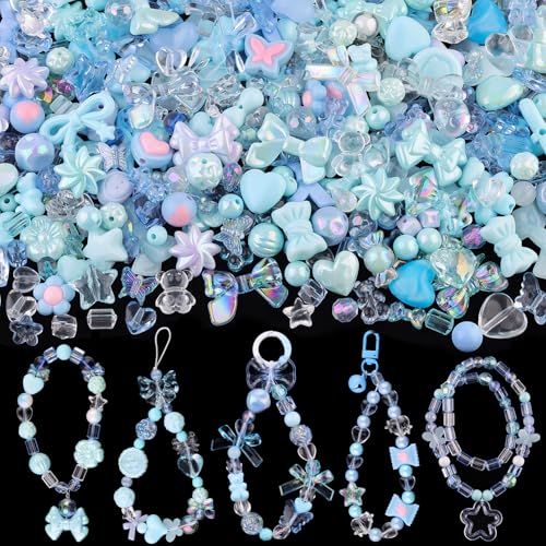 200-260PCS TINKRSTUFF Assorted Acrylic Beads Blue Cute Beads for Bracelet Making, Bow Aesthetic GummyBear Flower Candy Butterfly Kawaii Charms for Jewelry Making DIY Necklace Keychain Phone Charm - color: Blue