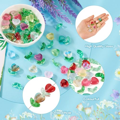 Glass Leaf Beads Crystal Glass Leaf Charms Transparent Leaves Pendants Tiny Green Leaf Bead Caps for Christmas Earring Bracelet Jewelry Making DIY Keychain Craft - color: Tulip & Heart