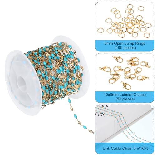 PATIKIL Stainless Steel Jewelry Chain, 16Ft 2mm Lake Blue Enamel Link Cable Chains for Necklace Earring Bracelet Findings Jewelry Making Trucker Hat Chains, Gold/Lake Blue - color: Gold/Lake Blue