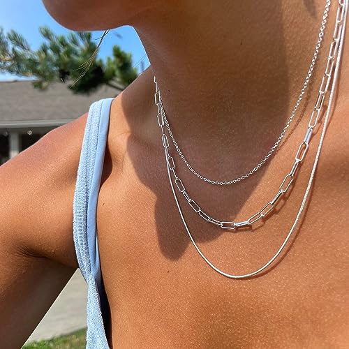 Freekiss Women's Layered Necklace Set - 3 Piece Dainty Gold Jewelry for Everyday Stacking | 14K Gold Plated Snake Chain, Rope Chain, Cuban Chain | Adjustable Length 14-18.5 Inch | Gift Ready - color: Silver, style: Paperclip+O+Box Chain