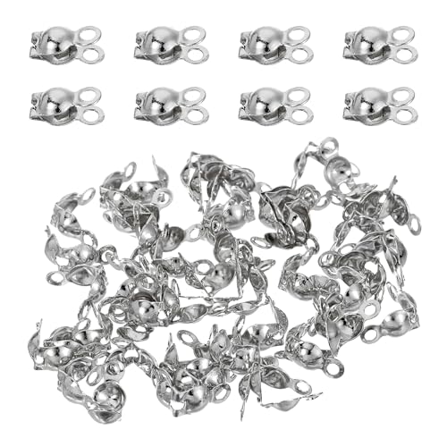 uxcell 50 Pcs 4mm Crimp End Caps, Clamshell Cord End Cap Connector Clasp Bead Tips Knot Covers Calotte End Crimp for DIY Jewelry Making, White Gold - color: White Gold