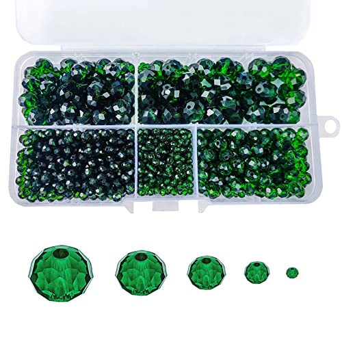 1000pcs Green Rondelle Crystal Glass Beads 2mm 4mm 6mm 8mm 10mm Mixed Sizes, Faceted Briolette Crystal Glass Spacer Beads for Jewelry Making with Container Box - color: Green