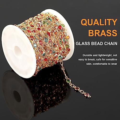 KYUNHOO 5M Colorful Crystal Rhinestones Jewelry Chain Link Gold Plated Brass Chain Bulk for Women Necklace Making Jewelry Supplies DIY Handcrafts with Lobster Clasps and Jump Rings - color: Colorful Bead-Gold
