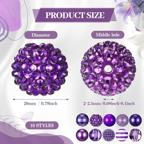 Ferreve 20 Pcs Chunky Bubblegum Beads 20mm Focal Pen Large Rhinestone Pearl Beads for DIY Beadable Pen School Jewelry Making Keychain Craft Making (Dark Purple) - color: dark purple