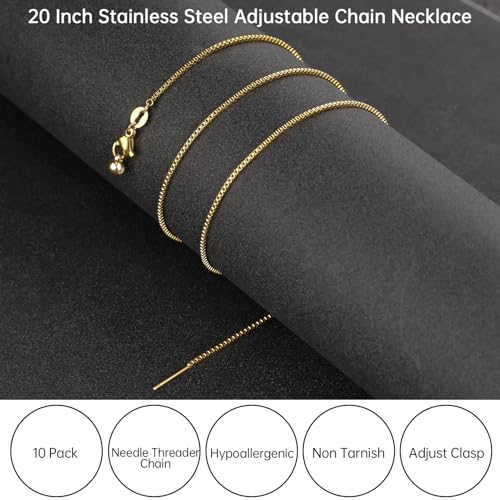 GTVOODX 10Pcs Gold Box Adjustable Necklace Chains Bulk for Jewelry Making 20Inch Stainless Steel Needle Threader Chain with Adjust Clasp - color: Gold Box