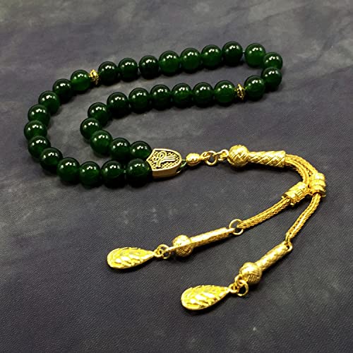 Simple Designed Natural Stone Worry Beads (8mm -33 Beads) - Prayer Beads Tesbih-Tasbih-Tasbeeh-Misbaha-Subha-Sebha-Sibha-Rosary (Green Jade -8 mm 33- Beads/Gold Tassel) - color: Green Jade -8 mm 33- Beads / Gold Tassel