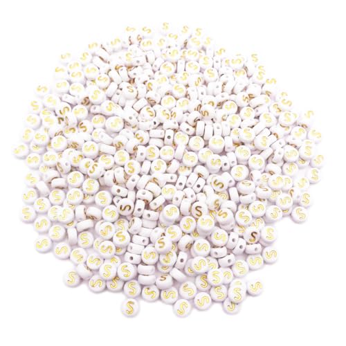 500PCS 4x7mm Acrylic Letter Beads S for Friendship Bracelets Jewelry Making, White Round Flat Acrylic with Golden Alphabet Beads for DIY Crafts Bracelets Necklaces Key Chains Phone Lanyard - color: S(Golden on White)
