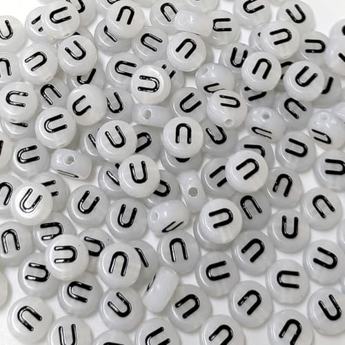 200PCS Letter Beads Glow in The Dark 4x7mm Acrylic Alphabet Vowel Letter U Beads for Jewelry Making Bracelet - color: U-200PCS