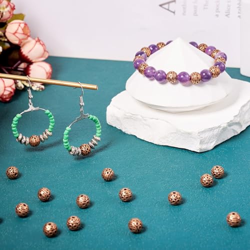 KISSITTY 50Pcs Antique Red Copper Round Iron Beads 8mm Small Hole Loose Metal Corrugated Round Bead Craft Tibetan Style Alloy Spacer Bead for DIY Jewelry Making Findings Charms Pendants