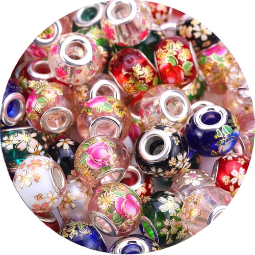 AIPRIDY 50Pcs 15x11mm Murano Large Hole Glass Beads with Silver Brass Cores European Beads for Jewelry Making (Japanese Hand Painting) - color: Japanese Hand Painting