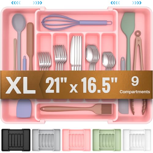 ukeetap Extra Large Expandable Silverware Organizer, BPA-Free Food-Safe Cutlery Flatware Organizer, Kitchen Utensil Drawer Organizer, Adjustable Silverware Holder for Spoons Forks Knives, Pink - color: Pink