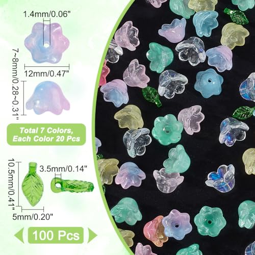NBEADS 240 Pcs Glass Bell Flower Beads Kits, Lily Flower Glass Beads Leaf Shape Acrylic Beads for DIY Jewelry Making Beading Projects Bracelets Necklaces Earrings, Hole: 1.4mm - color: Mixed Color