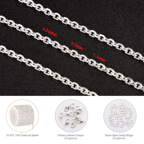 KYUNHOO 16.4 Feet Silver Jewelry Making Chains Bulk on Spool Oval Cable Chain Links for Women Men DIY Crafts with Jump Rings Lobster Clasps Supplies - color: Cable Silver