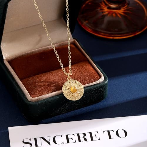 Tasiso Gold Pendant Necklace for Women 14K Gold Plated Coin CZ Pendant Necklace Adjustable Chain Disc Round Dainty Charm Necklace Trendy Jewelry Gift - style: Fire