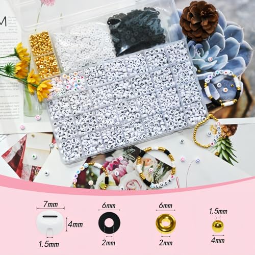 Looconi 3800pcs Beading Kits Letter Beads A-Z Clay Beads Gold Spacer Beads Smiley Beads and Heart Beads for Jewelry Making - color: LetterClayWhiteBlakc