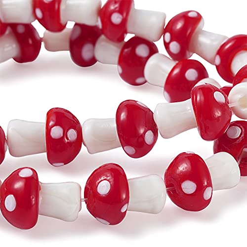 Cheriswelry 25pcs/Strand Mushroom Handmade Lampwork Beads Red Glass Loose Spacer Beads Cute Mini Mushroom Charms 16x12mm for DIY Craft Bracelet Earring Necklace Jewelry Making Hole: 1.8mm - color: Mushroom-Red
