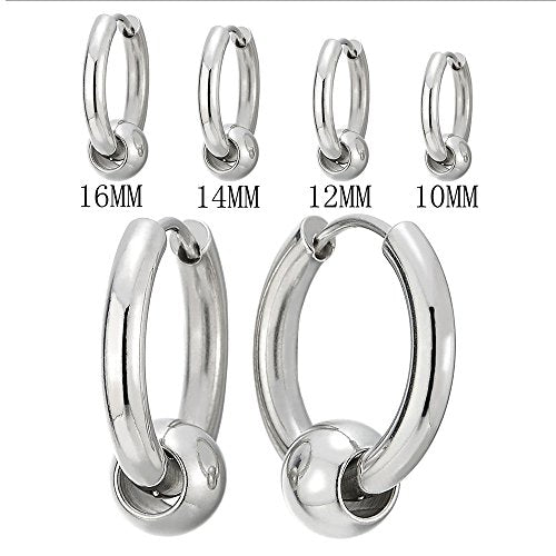 Stainless Steel Circle Beads Huggie Hinged Hoop Earrings for Men Women, 2pc - color: Silver, size: Diameter:14MM