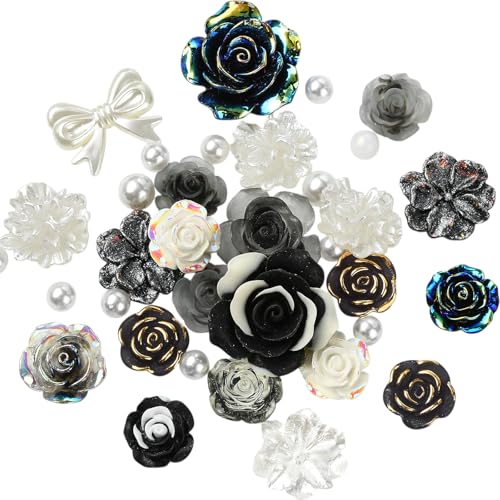 BEEFLIYNG 1 Pack Random 3D Resin ABS Colorful Rose Flower Butterfly Bow Charm Pearl Bead Acrylic Floral Decor Cabochons for Bracelet Earring Necklace Phone Case Craft DIY Jewelry Making - color: Black