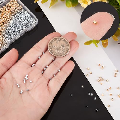 Beebeecraft 1000Pcs 2 Colors Tube Crimp Beads 18K Gold & 925 Sterling Silver Plated Brass Stopper Crimping Bead Column Positioning Beads for Jewelry Making DIY Crafts Findings, Tiny 2x2mm - color: Gold & Silver
