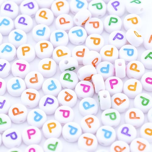 300Pcs Colorful Letter Beads P 4X7mm Individual Round Alphabet Beads for Friendship Bracelets Making - color: Round - P