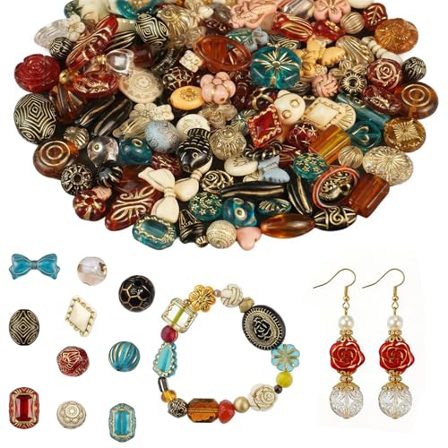 120-160Pcs Cute Assorted Kawaii Aesthetic Beads 100G Vintage Bohemian Acrylic Bead in Bulk Round Oval Butterfly Flower Czech Style Beads Jewelry Making Metal Enlaced Charm DIY Craft（Dark Colorful） - style: Dark Colorful