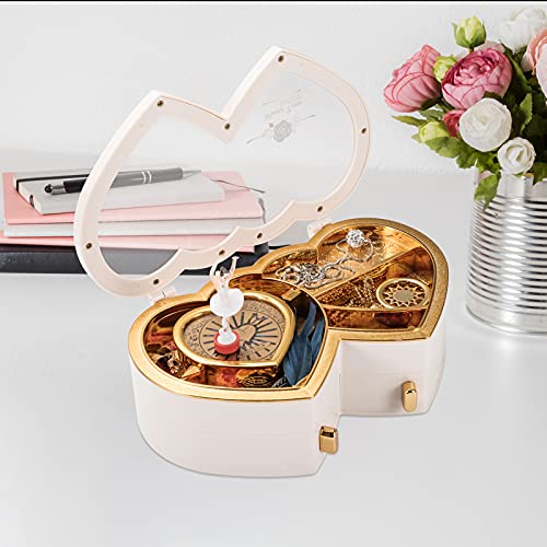 TMEEIHNSS Rainbowie Heart Musical Jewelry Box, Musical Jewelry Storage Box with Dancing Girl,Arrow Design Christmas Gift (white2) - color: White - Double Heart