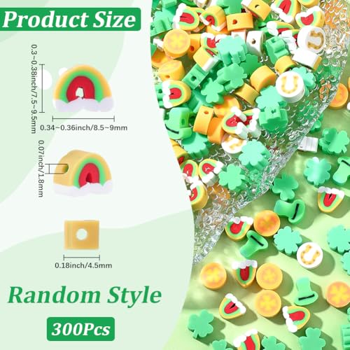 SUNNYCLUE 1 Box 300pcs St Patricks Day Clay Beads Clover Shaped Beads Green Irish Three Leaf Clover Horseshoes Shape Polymer Clay Heishi Disc Bead for Jewelry Making Supplies Holiday Festival Gifts - style: Style 1