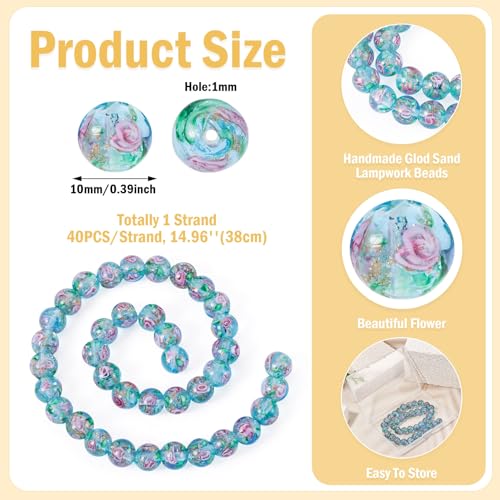 40Pcs 10mm Gold Sand Lampwork Beads Handmade Flower Glass Beads Cute Crystal Bead for Jewelry Making Bracelet Necklace Earrings Rosary Making (Pale Turquoise)