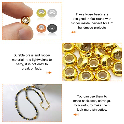 80pcs 8mm Stopper Beads with Rubber Inside Flat Round Rondelle Spacer Beads Adjustable Slider Clasps Round Beads Positioning Spacer Beads for DIY Bracelet Necklaces Jewelry Makings(2mm Hole,4Colors) - color: Gold,silver,rose gold,gun black
