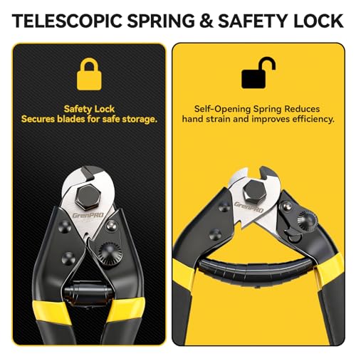 GRENPRO Cable Cutter, 7-1/2 Inch Heavy Duty Wire Rope Cutter, Chrome Vanadium Steel Jaw, For Hard Wire Ropes, Steel Wires And Aircraft Cables