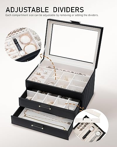 Jewelry Boxes with Glass Lid, Jewelry Boxes for Women 3-Tier Jewelry Organizer with 2 Drawers, Jewelry Display Case Gift for Women Girls Men - Black - color: Black 3-Layer