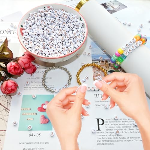 Amaney 1000pcs 7×4mm White Round Acrylic with Rose Gold Alphabet Letter Beads for Jewelry Making - color: 1000RoseGold