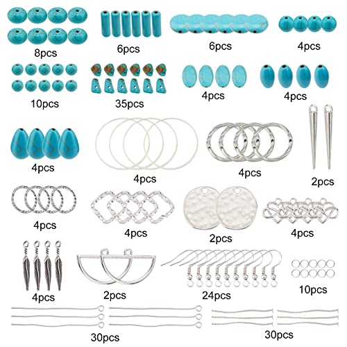 SUNNYCLUE 1 Box DIY 10 Pairs Turquoise Beads Earring Making Kit 8 Shapes Turquoise Beads Charms Hammered Feather Heart Pendants & Earring Hooks for Jewelry Craft Supplies Adults Women - color: 1 Box Diy 10 Pairs
