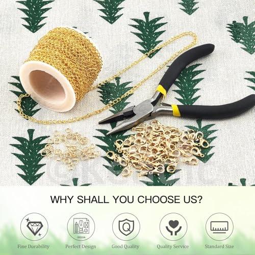 Keadic 102Pcs 30 Feet Jewelry Making Chains Kit W 3mm Metal Necklace Twisted Links Chain, Lobster Clasps, Open Jump Rings and Jewelry Pliers for Bracelet Earring Anklet DIY (Gold) - color: Gold