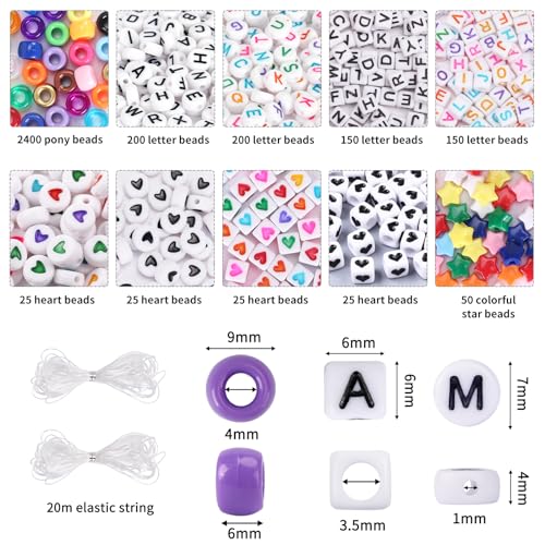 Bracelet Making Kit 96 Colors Pony Beads 3300pcs Friendship Bracelet Kit Rainbow Kandi Beads with Letter and Heart Beads Elastic Threads for Kids Adults Keychain Jewelry Necklace Making - color: 96-color