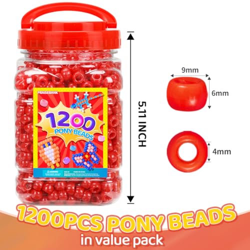 Praisebank Pony Beads, 1200pcs 6x9mm, Wholesale Beads, Bracelets Jewelry Making, Arts & Crafts(Red) - color: RED, size: Small Size