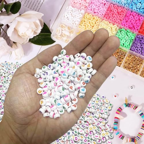 500PCS 4x7mm Acrylic Letter Beads P for Friendship Bracelets Jewelry Making, White Round Flat Acrylic with Colourful Alphabet Beads for DIY Crafts Bracelets Necklaces Key Chains Phone Lanyard - color: P(colourful on white)